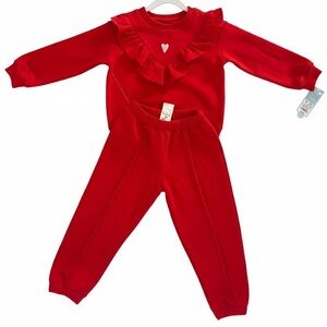 NWT 4T Cat & Jack Valentine’s Day Red Ruffled Sweatshirt and Jogger Pants Set